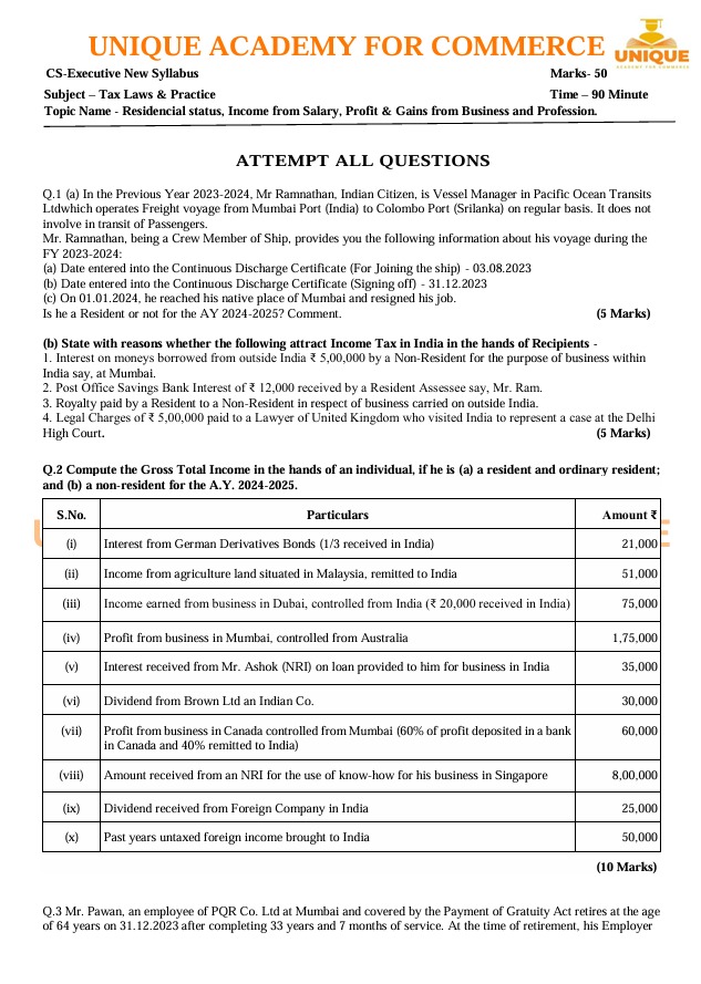 TAX Question Sheet